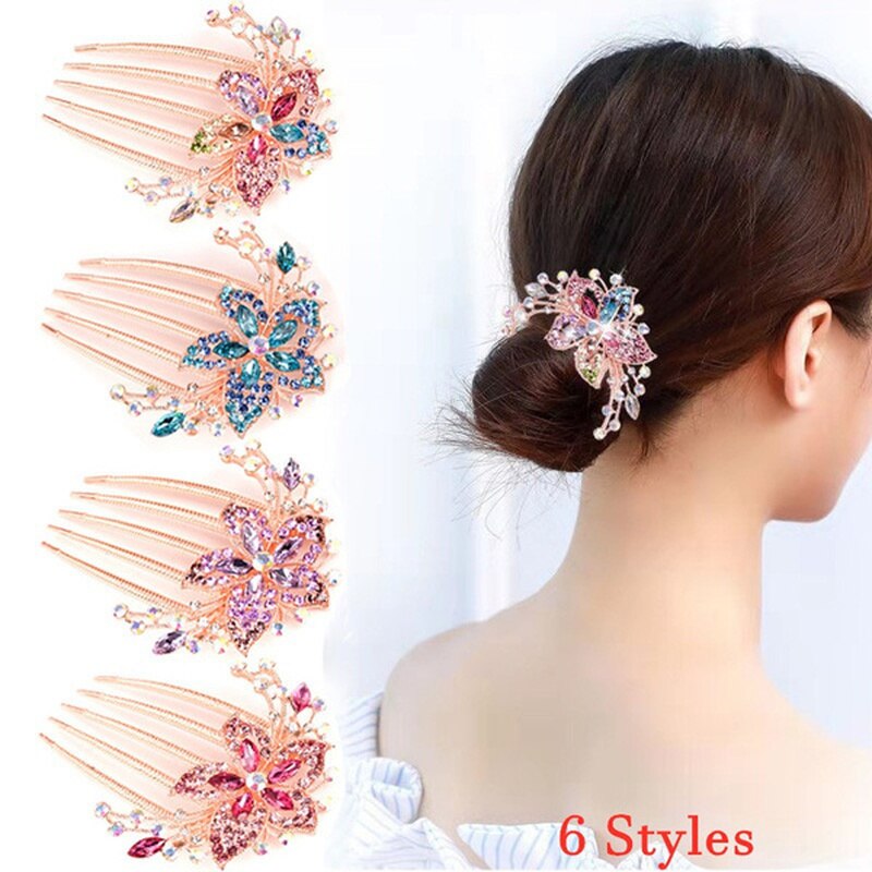 1Pc Kleurrijke Bloemen Rhinestone Haarspelden Retro Vrouwen Hollow Out Crystal Haar Kam Haarspeld Mode Haaraccessoires Hoofdtooi