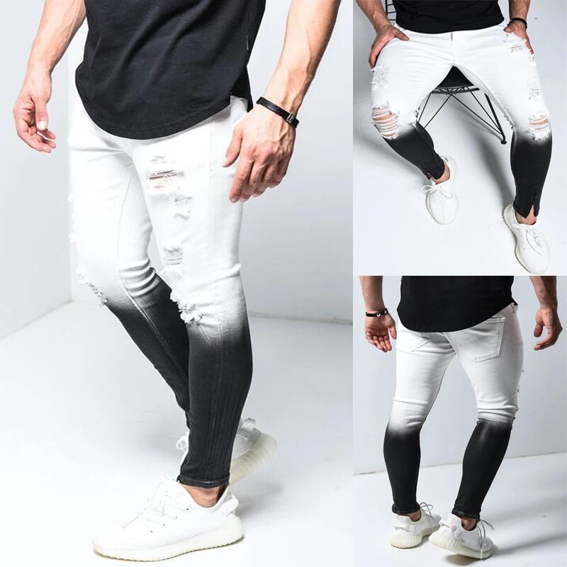 Jean Stretch déchiré pour hommes, pantalon en Denim, coupe Slim, Streetwear, dégradé blanc noir, crayon moulant
