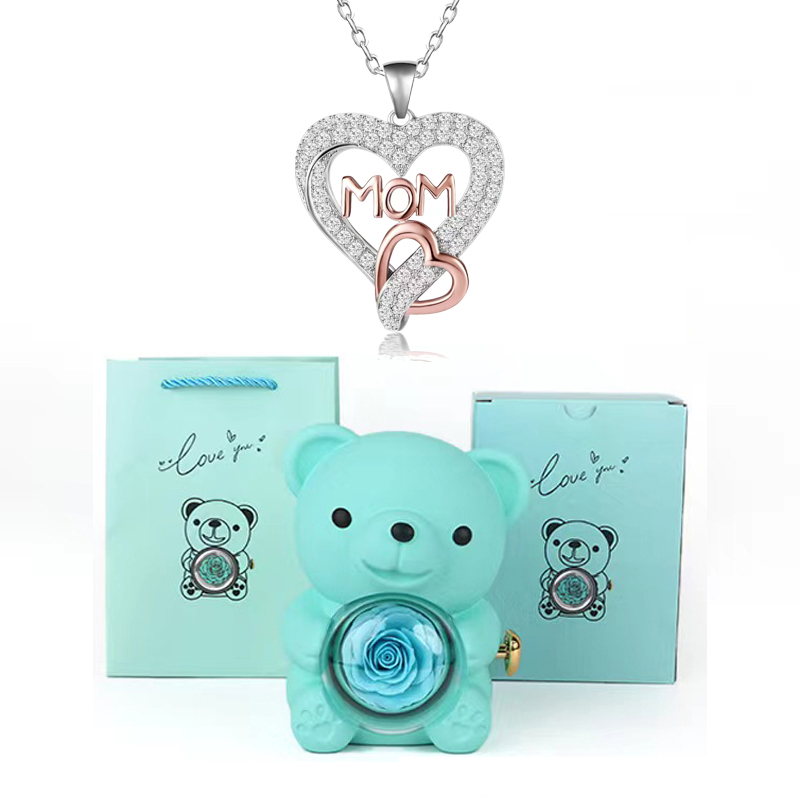 Collares con colgante de mamá de circón en forma de corazón con caja de de flor rosa de oso bonito adecuada para Navidad Día de la madre sorpresa romántica: Con recubrimiento de titanio
