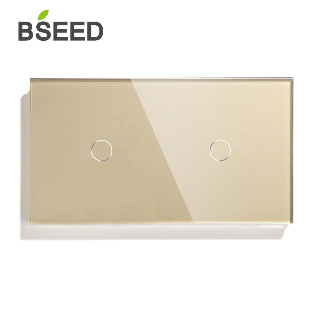Bseed Eu 2 Gang 1 Manier 2 Way Muur Touch Schakelaar 157Mm Lichtschakelaar Wit Zwart Gouden Kristal Klasse panel 3 Kleuren Schakelaar