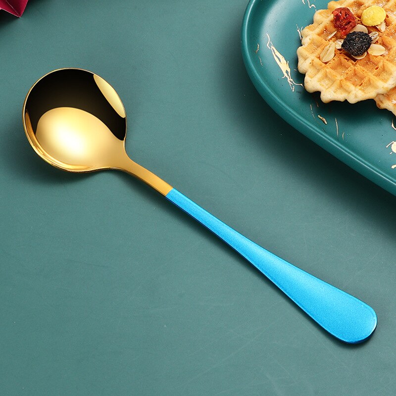 Metal Ice Cream Coffee Spoon Shovel Shape Shell Tea Spoon 7 Colors Afternoon Tea Dessert Long Handle Spoon Kitchen Tool: Gold blue