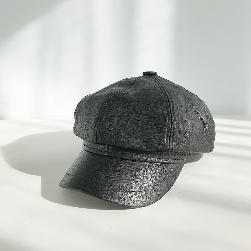 Groene Winter Achthoekige Cap Meisjes Baret Hoeden Voor Vrouwen Hoeden Krantenverkoper Cap Vrouwelijke Britse stijl PU Lederen Baretten Hoed voor straat: black