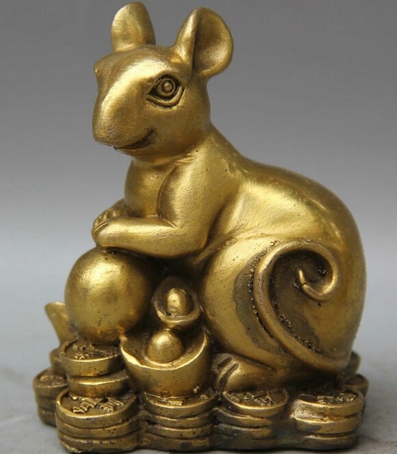 Chinese Brass Feng shui Zodiak jaar Konijn yuan bao rijkdom bead standbeeld sculptuur