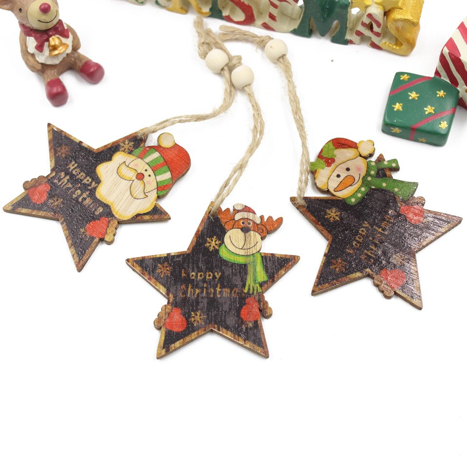 5-6PCS/LOT.wood star xnas tree hanger Santa Snowman elk pendant Decorate party favor Kindergarten decoration ornaments OEM: 6PCS E