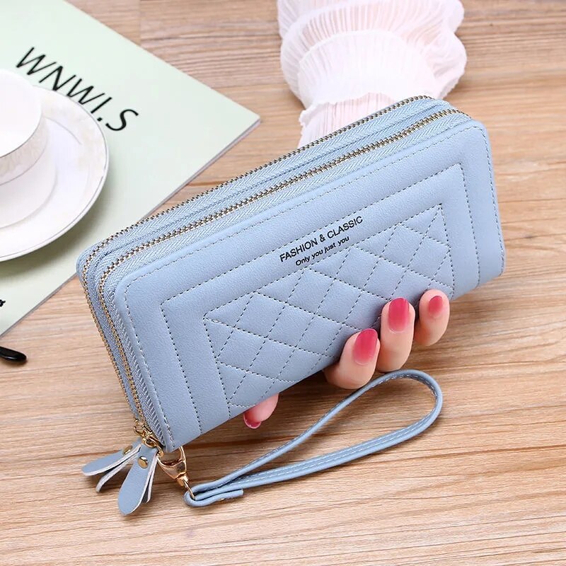 Podwójny długi portfel z zamkiem dla kobiet duża pojemność wysokiej jakości Pu skórzane portfele saszetka typu Clutch torebka Carteras Para Mujer: Double zipper blue