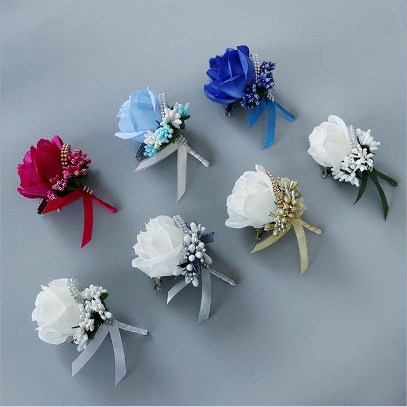 Corsage de mariage fait main avec des fleurs artificielles en soie, avec une broche pour homme, 1 pièce