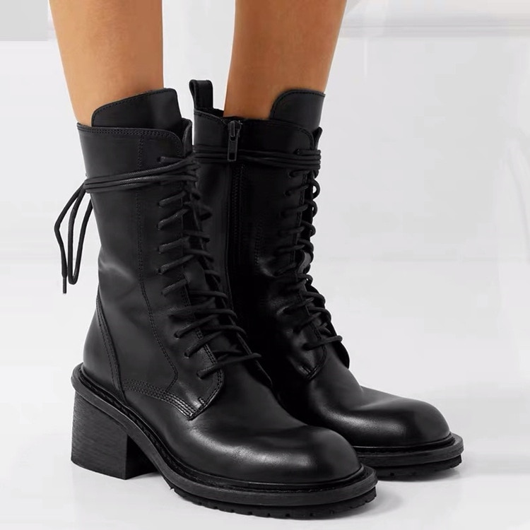 Botines de piel para mujer, punta redonda, tacón – Grandado