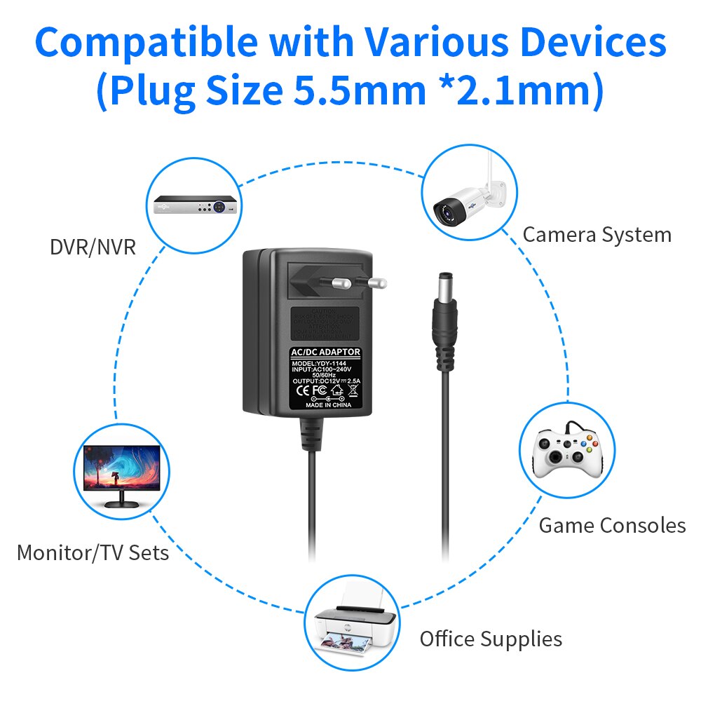 Fuente de alimentación AC 100-240V a DC 12V 2A 2.5A, convertidor de 5,5mm x 2,1mm, adaptador de conmutación para cámaras CCTV, DVR, NVR, tira LED