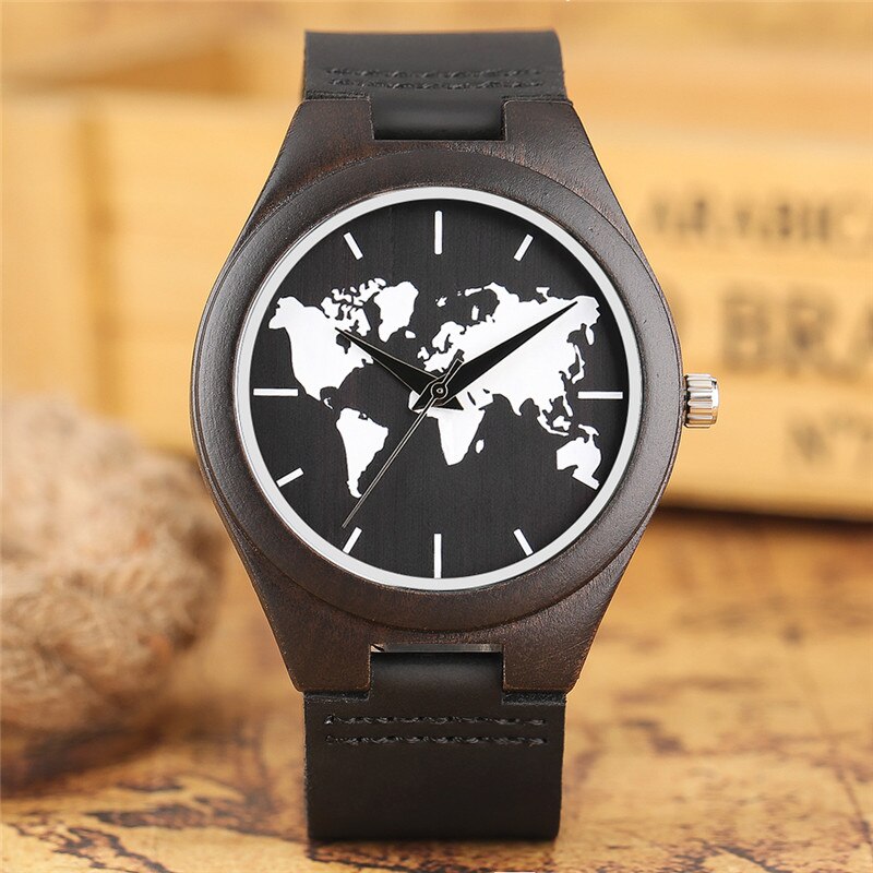 Herenhorloges van hout, zwarte wijzerplaat met wereldkaart, zwart leer, analoog quartz-horloge met sandelhout, houten horloges