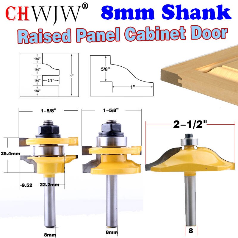 1-3 stks 8mm Schacht Rail &amp; Stile Frezen-Matched Standaard Ogief deur mes Houtbewerking cutter tenon Cutter voor Houtbewerking Gereedschap: 3pcsH25.4mm