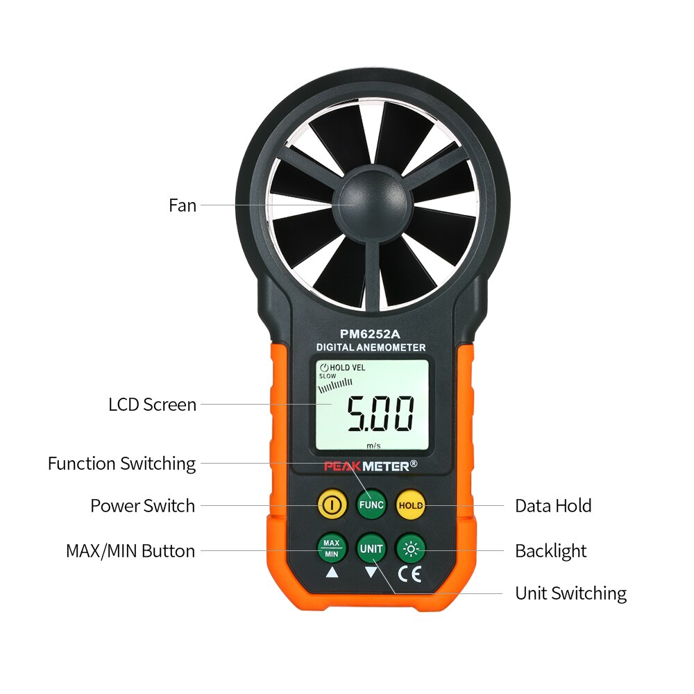 PEAKMETER PM6252A Portable Handheld Anemometer Wind Speed Meter CFM Meter Wind Gauges Air Flow Thermometer with LCD Backlight