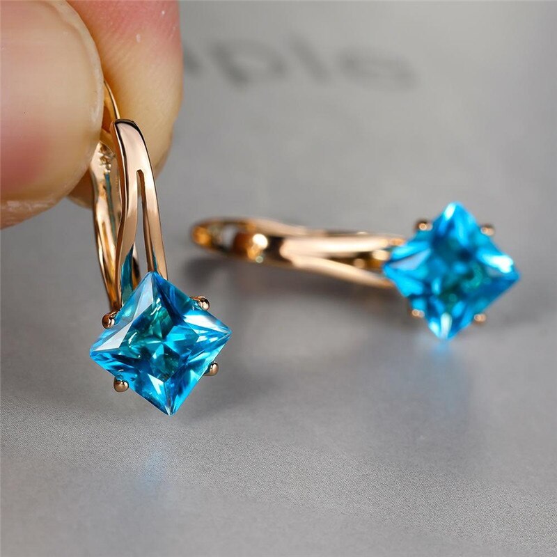 Brincos de casamento de cor de ouro rosa antigo arco-íris zircão quadrado brincos de pedra moda multicolorido cristal hoop brincos para mulher: Aqua Blue