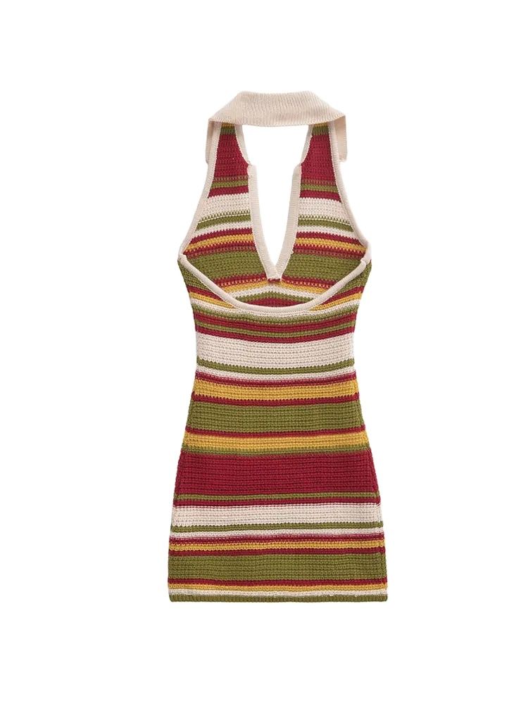 TRZA-Mini vestido de punto de ganchillo a rayas para mujer, sin espalda, cuello halter, vestidos femeninos, sexy