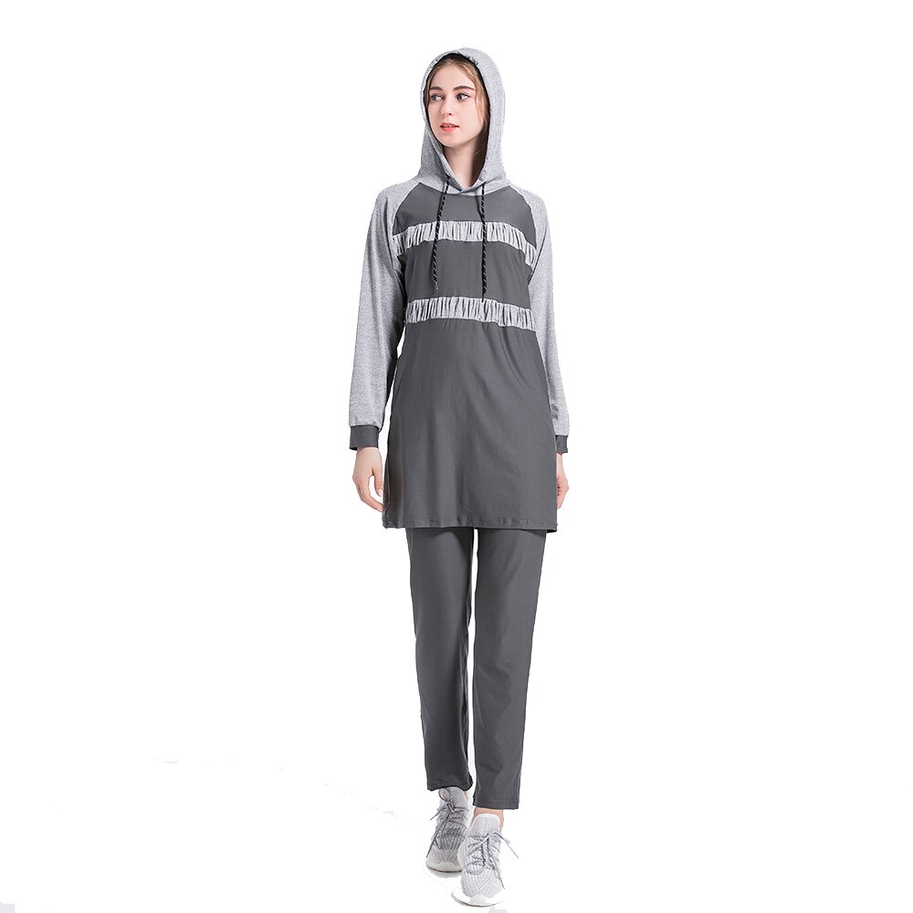 Muslim Women Two Piece Sweatsuit Muslim Cowl Neck Sweatshirt and Loose Long Pants Set Islamic Tracksuit: Gray / XL
