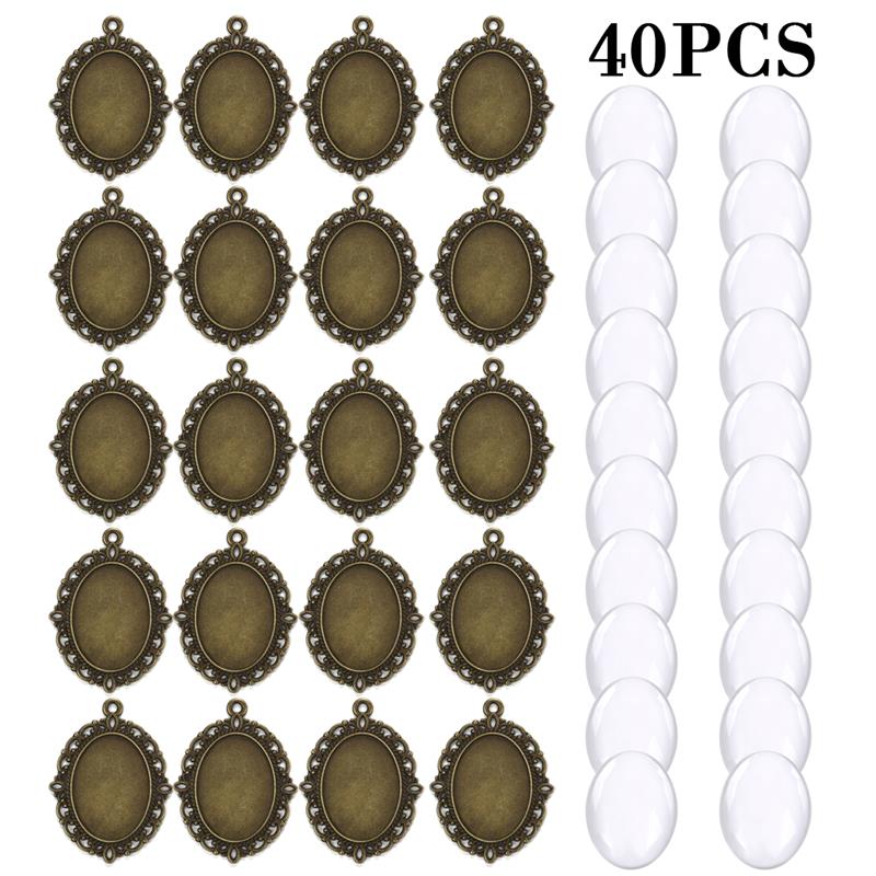 40pcs Oval Pendant Base Setting Glass Cabochons 18x25mm Cameo For DIY Jewelry Making Pendants Blank Tray Bezels: Bronze set