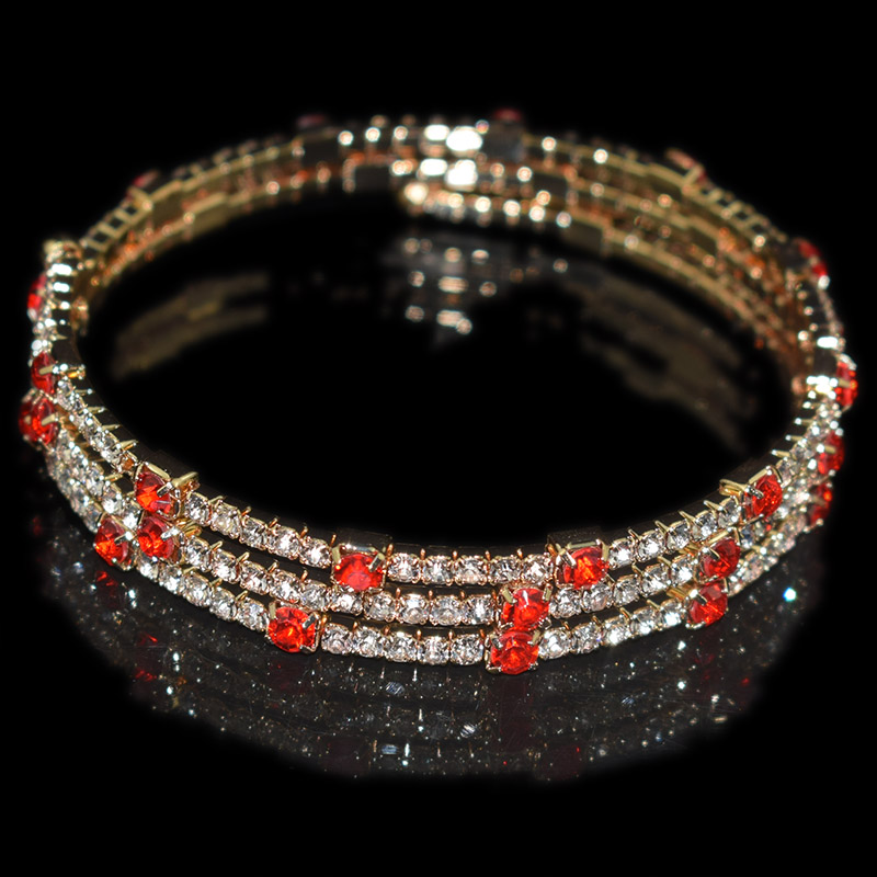 6-color Crystal Bracelet Blue, Red, White Three-row Stretch Bracelet Bride Wedding Rhinestone Bracelet Party Jewelry: gold-red