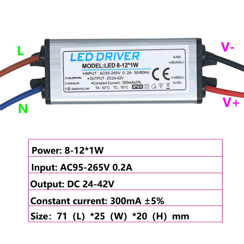 Controlador LED impermeable, fuente de alimentación de voltaje constante, transformadores de iluminación para lámpara LED, 1-3W 4-7W 8-12W 25-36W 300mA: 8-12W