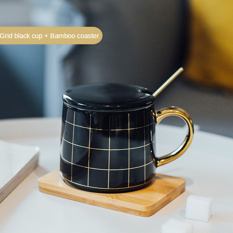 Taza de café de lujo con estampado de lunares a cuadros, geométrica, de cerámica, para desayuno, taza de leche y agua, creativos para parejas: black grid