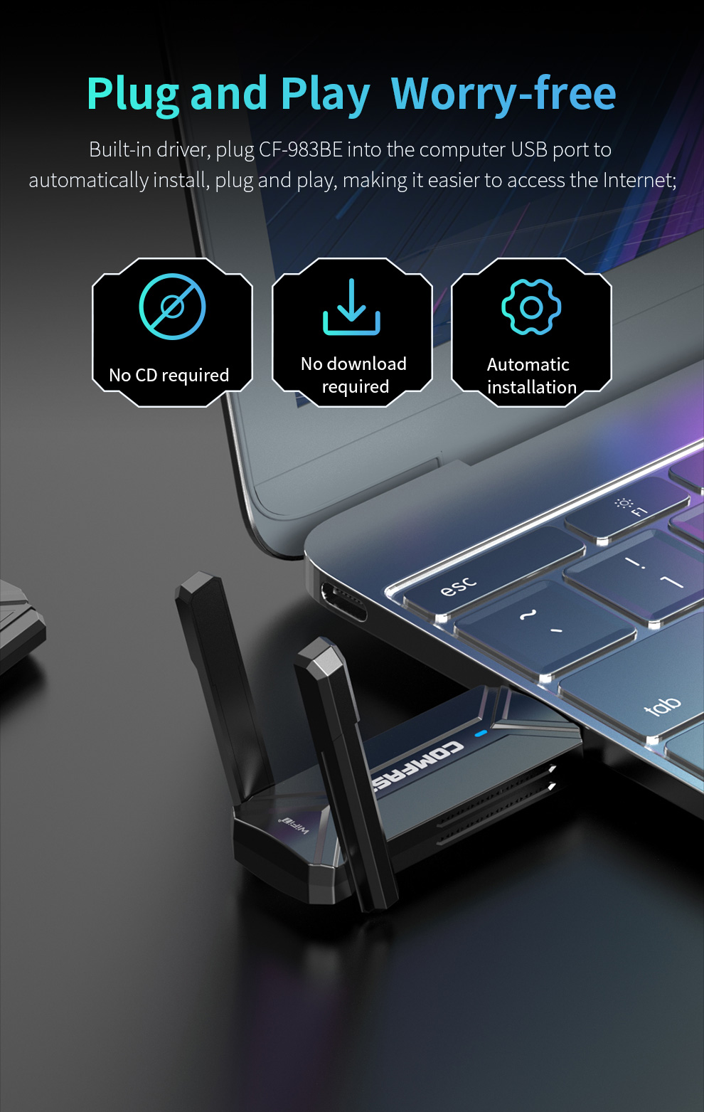 COMFAST USB Wifi 7 Adapter 6500M 6G&5G&2.4G Receptor Wifi Para Pc RTL8912AU 2 Antenna Wi Fi Adaptador Driver Free for Win10/11