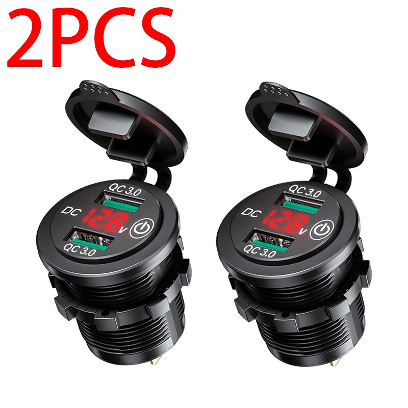 Dubbla usb  qc3.0 billaddare uttag med touch-omkopplare vattentät dammtät lock led 12v biluttag för telefon surfplatta kamera gps dvr: Röd typ  b 2 st