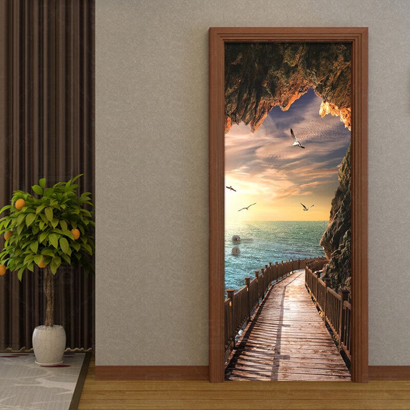 3D Wallpaper Beautiful Seaside Landscape Photo Wall Door Mural Living Room Bedroom DIY Door Sticker PVC Vinyl Wallpaper