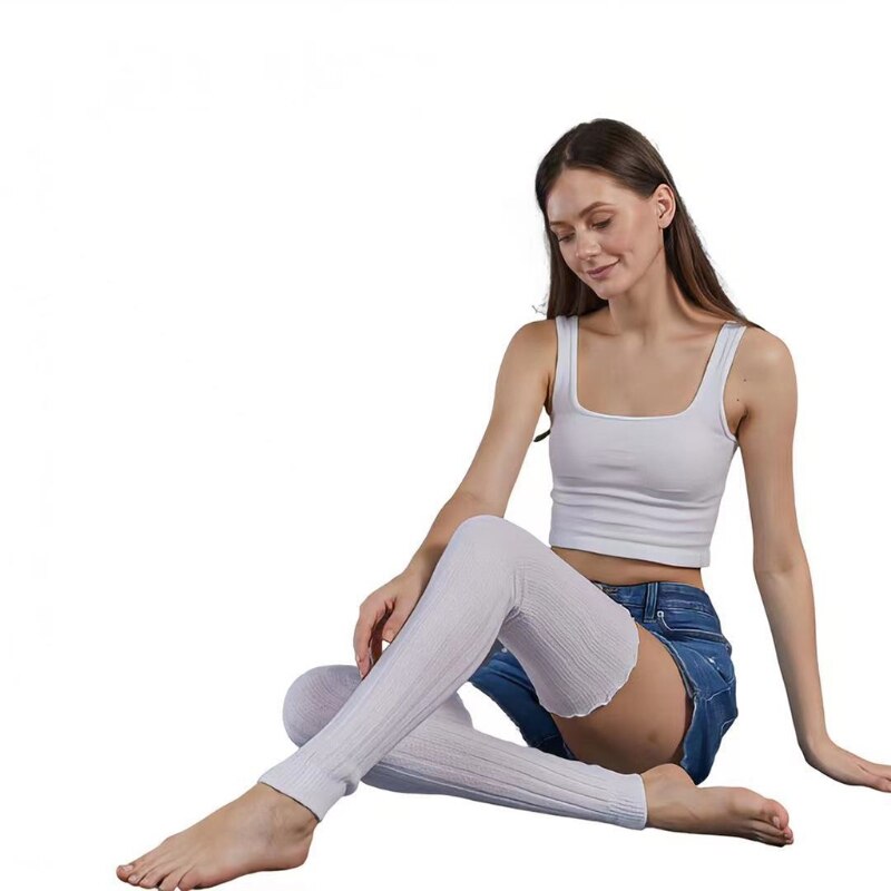 Womens Ribbed Cable Knit Leg Warmers Winter Warm Ruffled Top Stretch Over Knee Thigh High Long Socks Footless