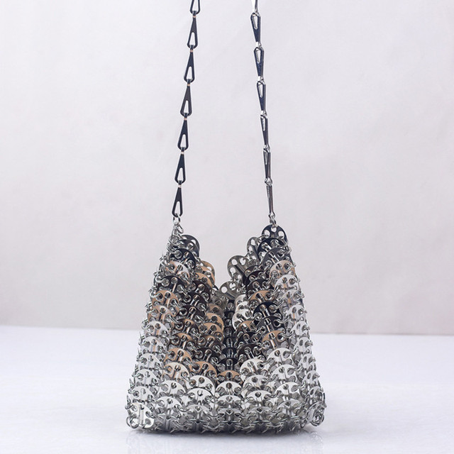 luxury Women Bags Metal Sequins Chain Woven Bag Hollow Evening Bags Clutch Female Travel Shoulder Bag Handbag: Shoulder Silver