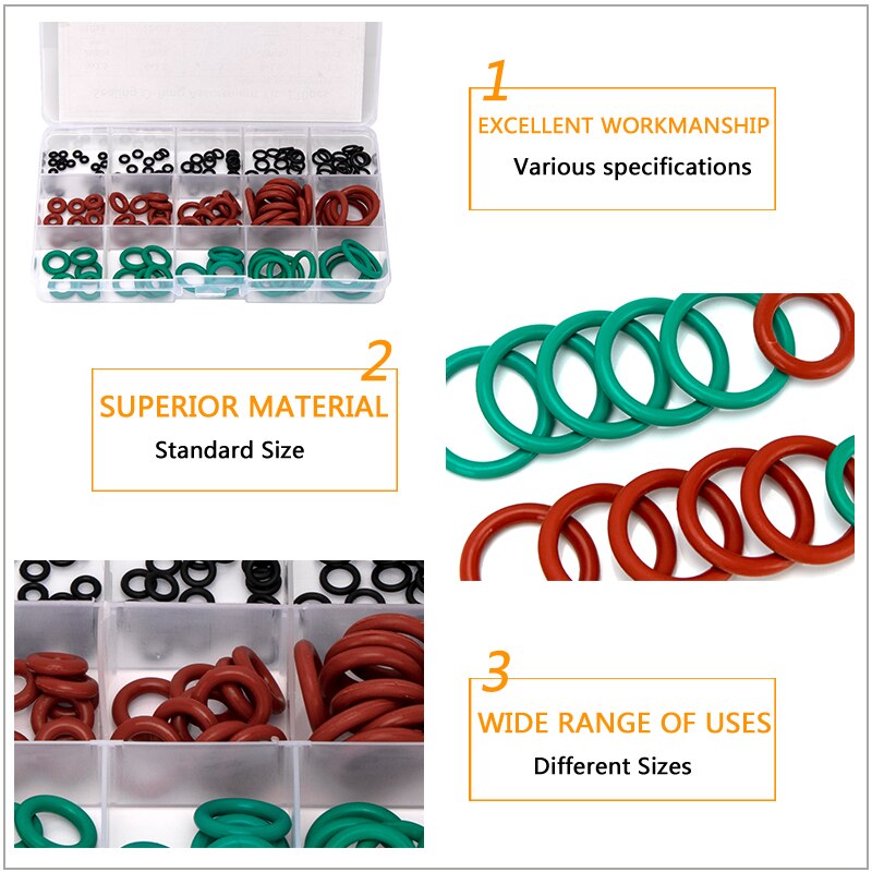 Red Silicone VMQ Gasket Assortment Set Spare Sealing O-Rings Black NBR Green Fluoro Viton FKM Kits 15 Sizes 170PCS/ SET