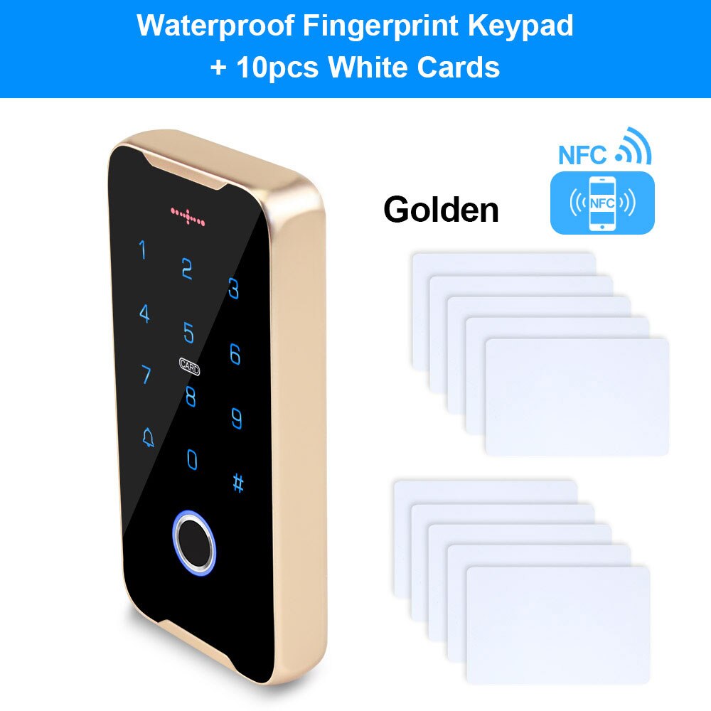 Mobile Phone NFC Access Control Keypad RFID Keyboard Access Controller System Fingerprint IP68 Waterproof 13.56MHz Card Reader: Golden with 10 Cards