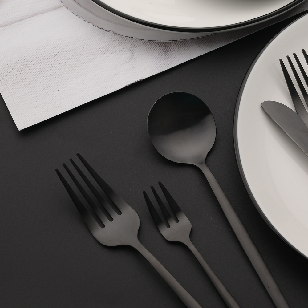 Juego de cubiertos de acero inoxidable para cocina, cubertería negra mate de 6 piezas, cuchara de hielo, tenedor, cuchillo de postre