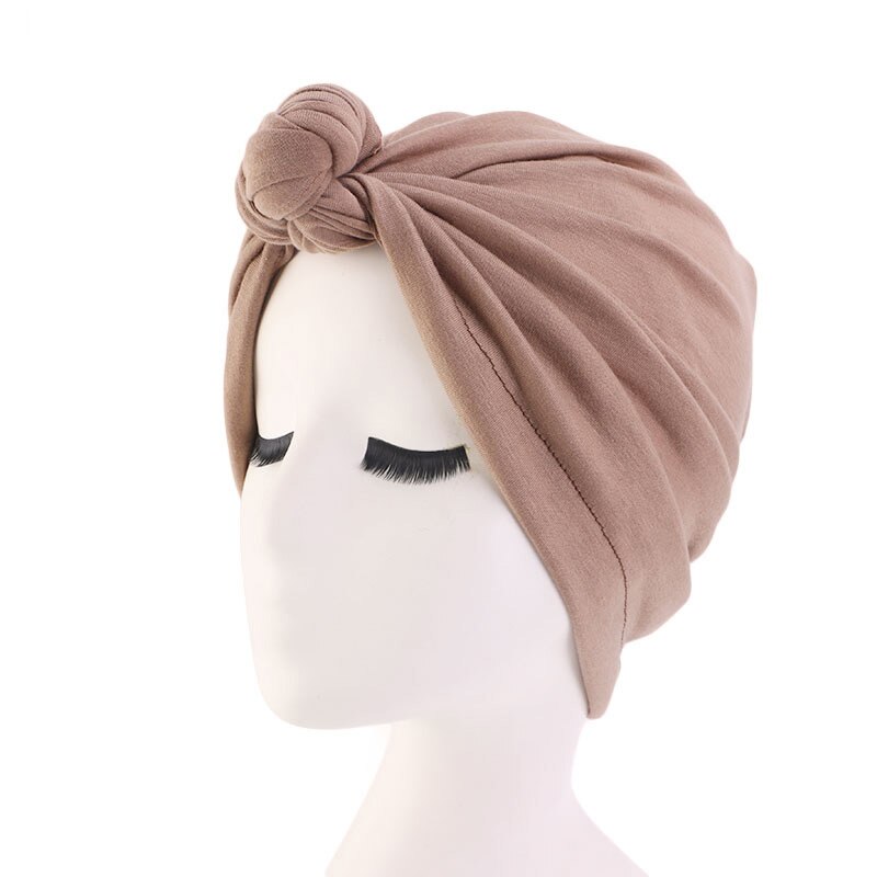 Kvinder boheme stil varm vinter efterår knude turban hat elastisk cloche cap blødt kors hår tilbehør muslim hat: Tan