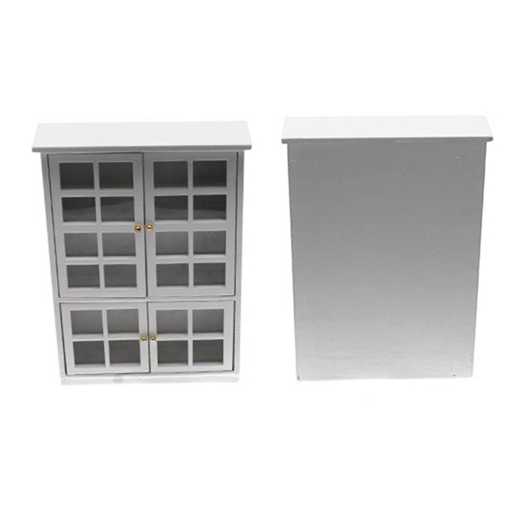 Miniatyr dockskåp vitrinskåp - dockhus mini möbelskåp/bokhylla vitrinhylla  - 1/12 skala (medium vit)