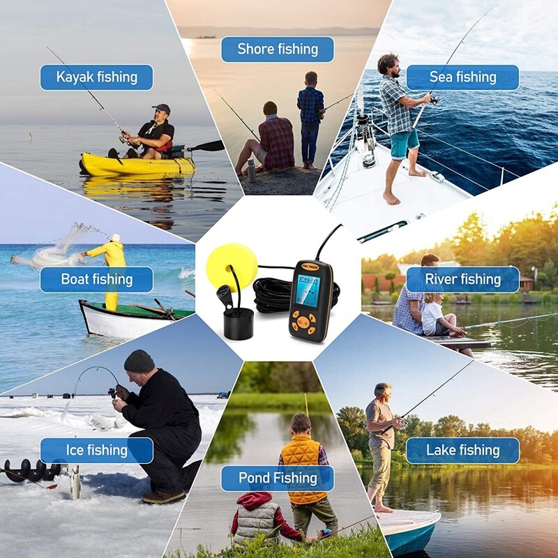 Fish Finder Portable Boat Depth Fishing Handheld Fish Finders Depth with Sonar Transducer and LCD Display