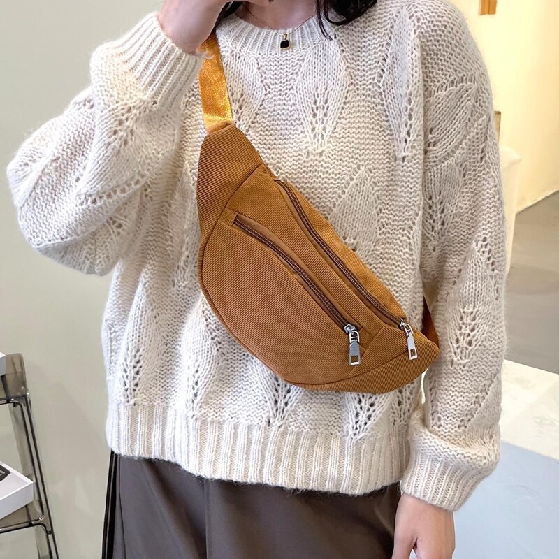 Marsupio in velluto a coste da donna borsa a tracolla con cerniera Casual borsa da viaggio sportiva semplice da viaggio borsa da cintura moda telefono marsupio