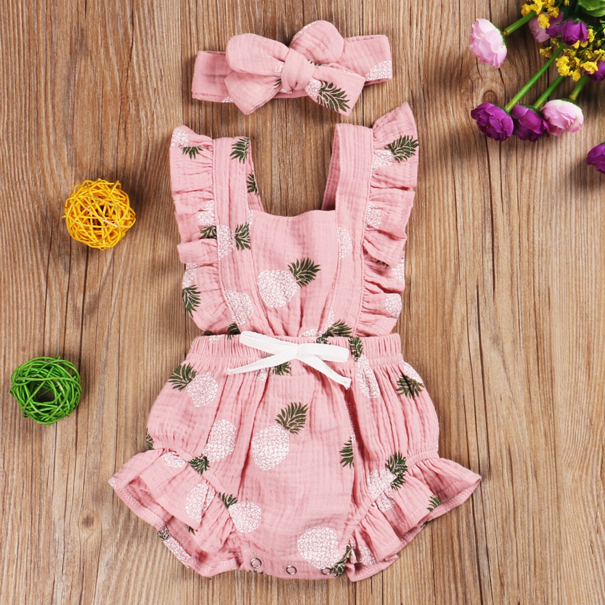 4 Kleuren 0-24M Nieuw Zomer Kids Baby Meisjes Jongens Romper Ananas Polka Print Ruches Mouwloze Jumpsuits Hoofdband