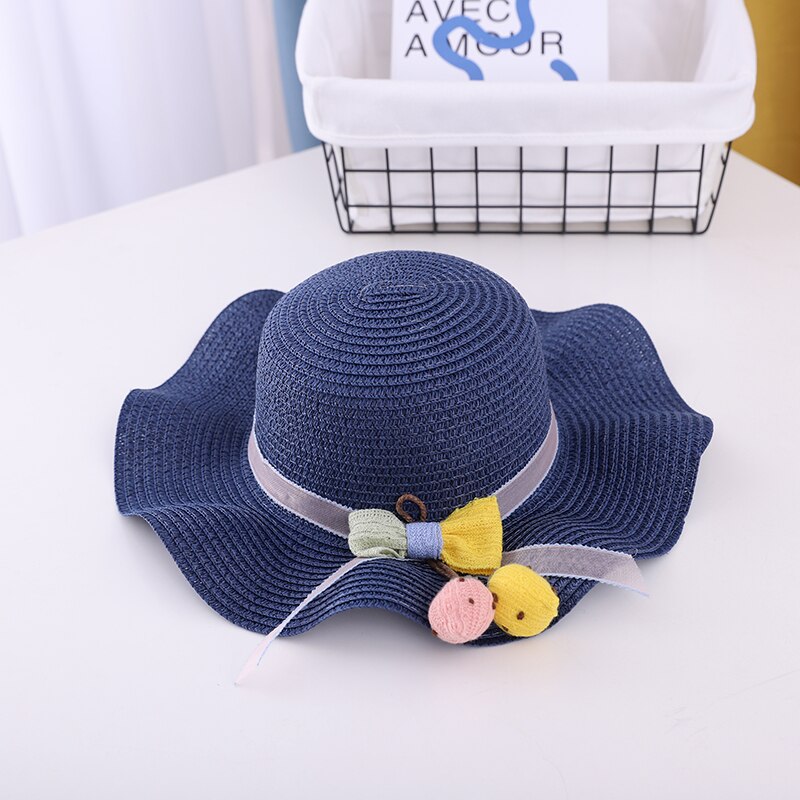 Gorro para el sol niña transpirable de verano sombreros de paja lindo flores dulce princesa sombrero niño protección UV para playa sombrero niños sombreros de 2-6 años: Navy blue