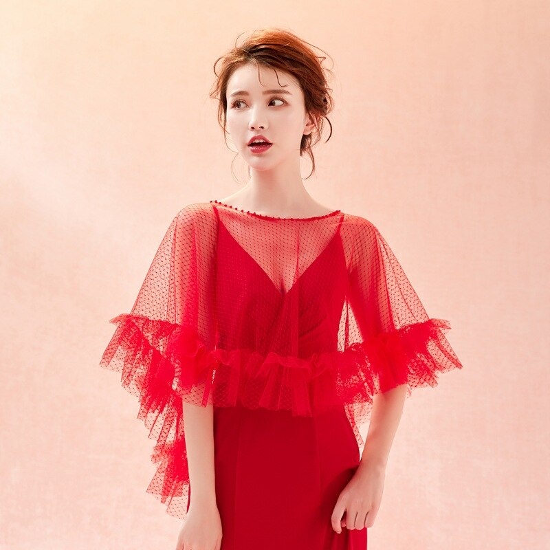 JaneVini Rode Zomer Kant Bruiloft Bolero Sjaal Kralen Vrouwen Korte Wrap Cape Uitloper Bridal Bruiloft Accessoires