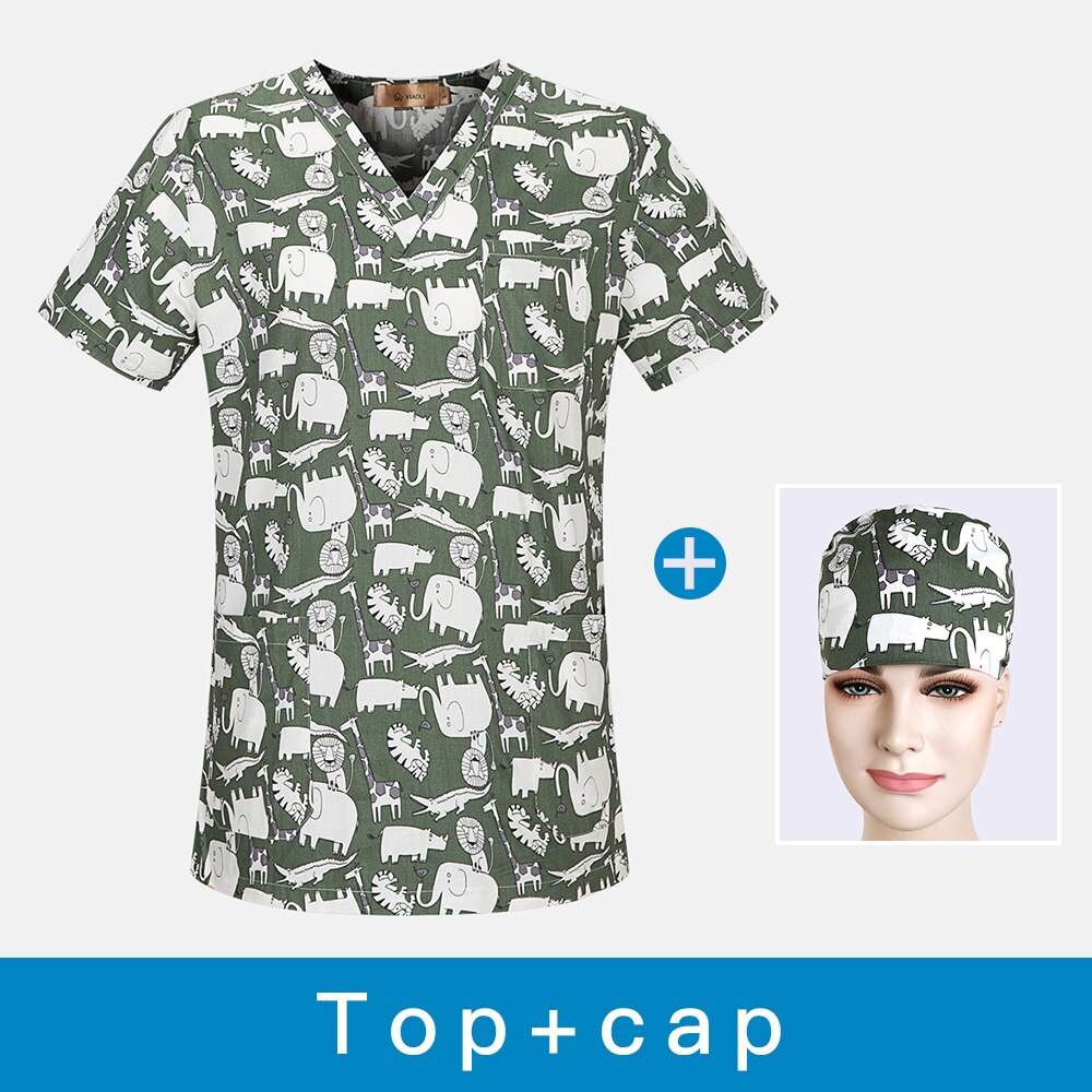 Unisex ren bomuld print komfortabel åndbar spa uniform scrub arbejdstøj top + justerbar tegneserie print scrub cap: Tophætte / M