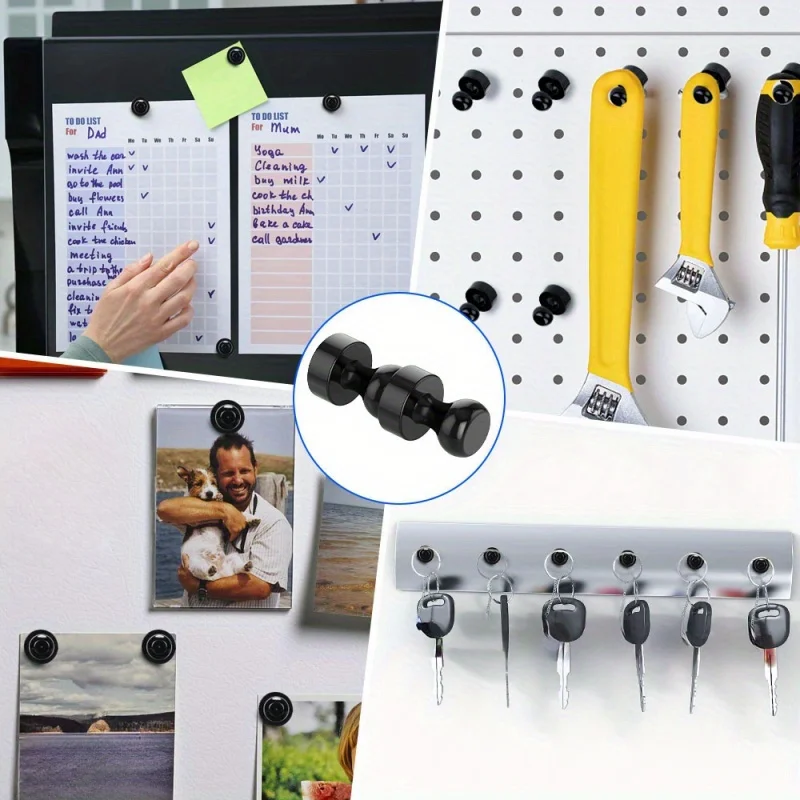 Black Neodymium Magnetic Push Pins - Strong Refrigerator & Whiteboard Magnets for Office, Kitchen & Map Use
