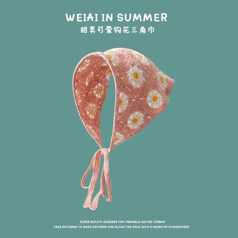 Korean Sweet Cute Handmade Crochet Hollow Triangle Headband Towel Women Spring and Summer Travel Literary Photo Hair Scarf: SKY BLUE