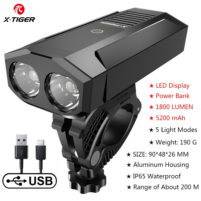 Juego de luces delanteras para bicicleta de X-TIGER, lámpara LED resistente al agua, recargable vía USB, 5200mAh