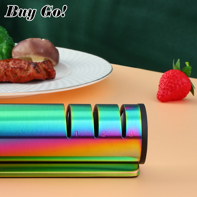 Afilador de cuchillos de cocina dorado de 3 etapas, herramienta para afilar cuchillos, piedra de afilar rápida, accesorios profesionales de Chef de acero inoxidable