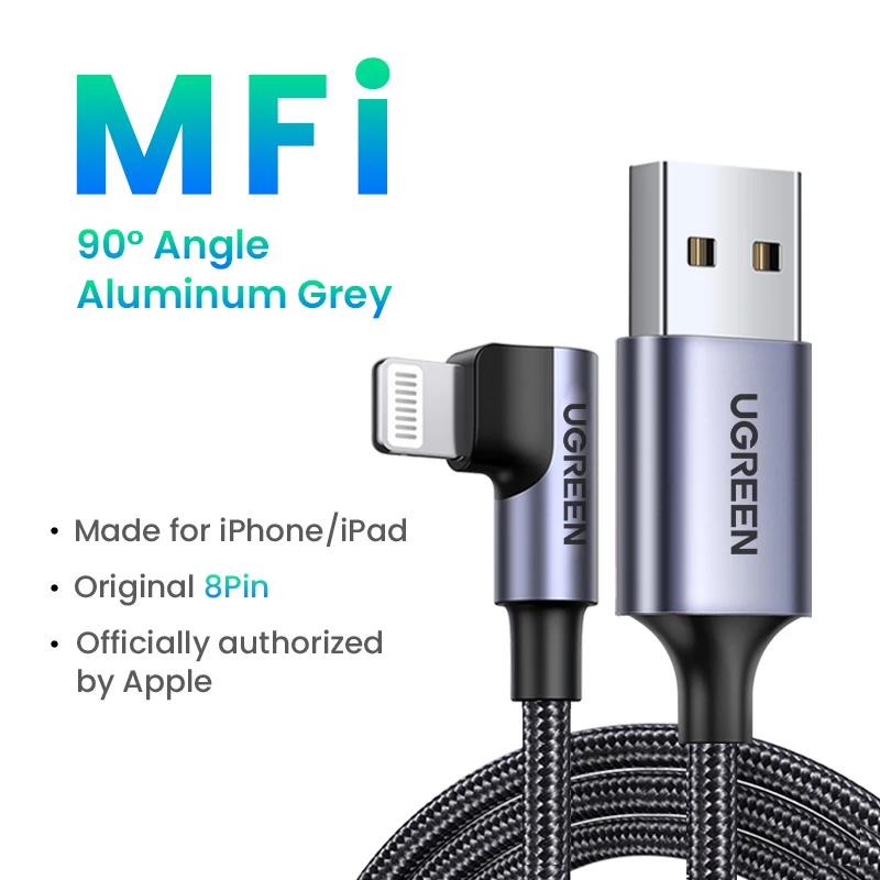 Ugreen for usb a til lightning-kabel mfi-sertifisert 90- graders for apple iphone 14 ipad usb-ladekabel ladedata flettet 1.5m: Beige