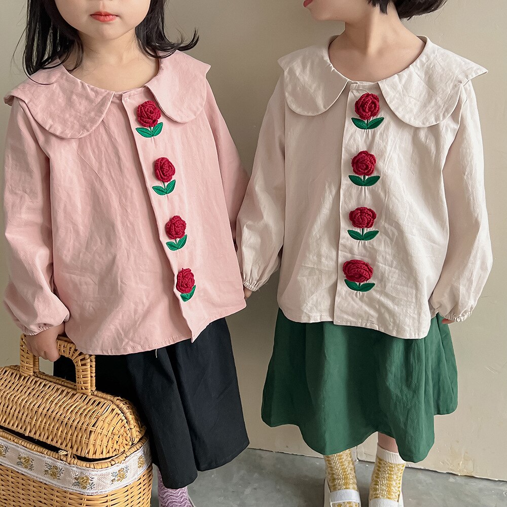 Primavera nuovo francese tridimensionale fiore rosa abiti a maniche lunghe camicie per ragazze dolce colletto per bambole camicie per bambini top