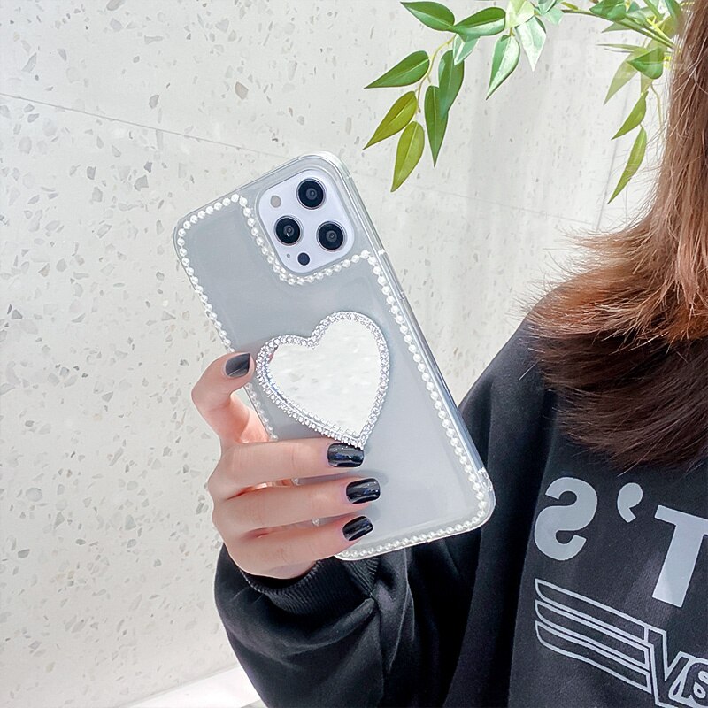 Rhinestone Love Mirror Glitter Cases For iphone 11 Pro Max 12 mini 7 8 plus X XR XS max SE Phone Case Cute Transparent Capa