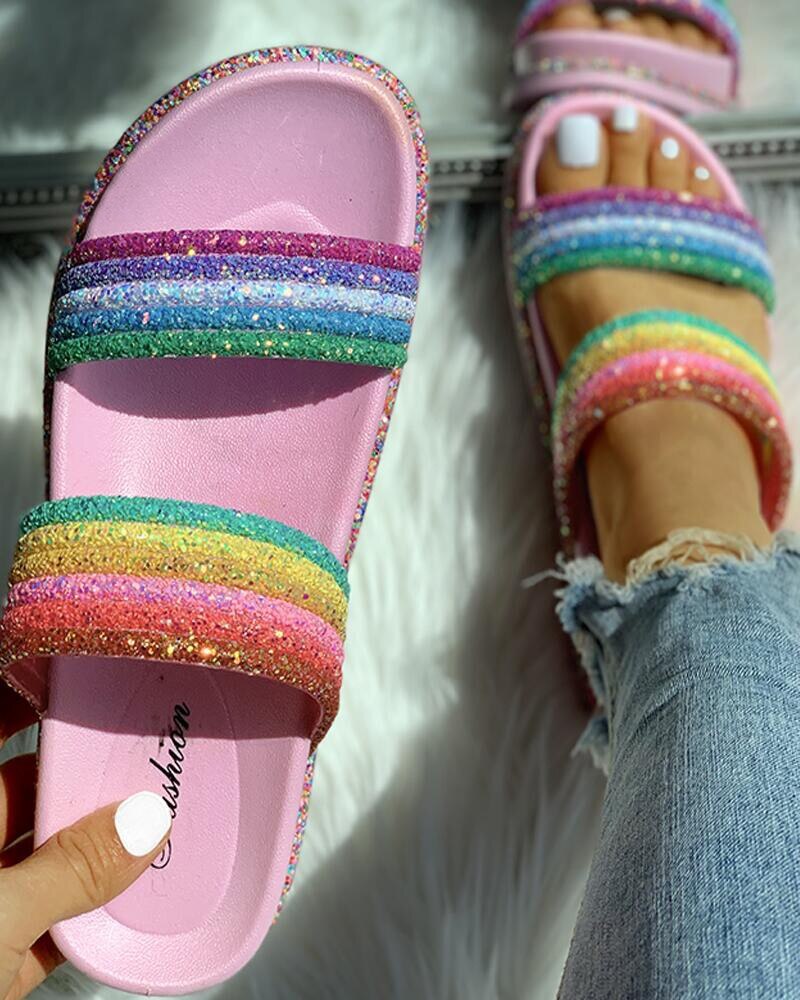 Tyk bund komfort udenfor kvinder sandaler sommer strandsko bling farverige kvindelige slides fodtøj sommersko