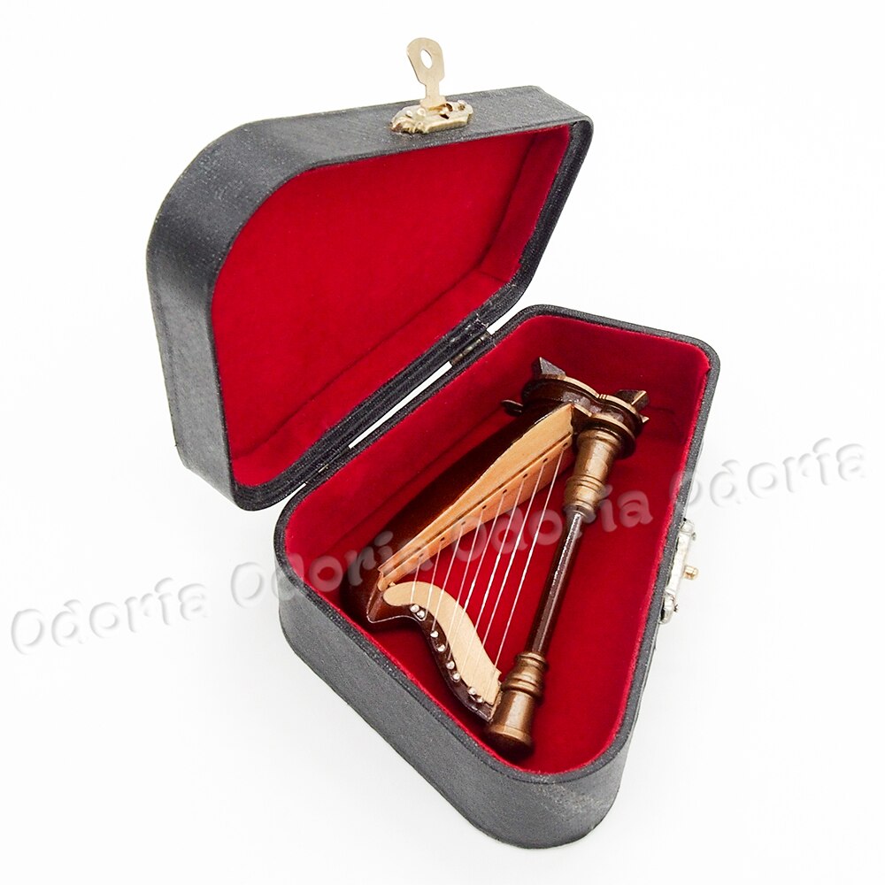 Odoria 1:12 miniaure træharpe med sort kuffert musikinstrument dukkehuslegetøj (ingen spilbar)