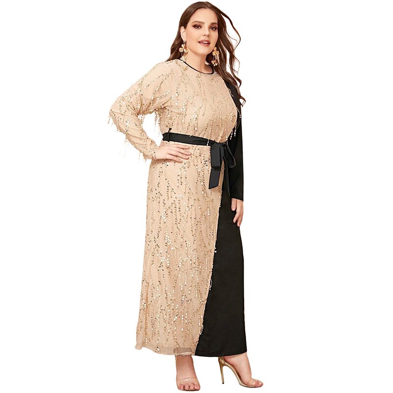 Lovertjes Contrast Patchwork Elegante Partij Jurk Plus Size 5XL Vrouwen Zomer Lange Mouwen Casaul Jurk Maxi Lange Moslim Jurken