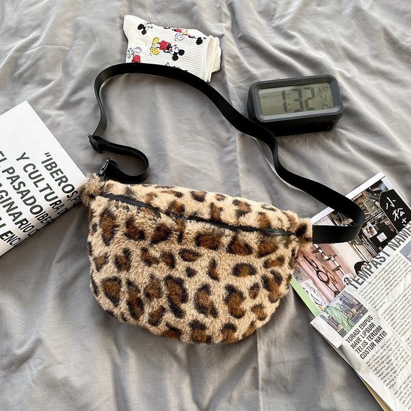 Léopard en peluche sacs à bandoulière pour femmes poitrine sac taille Pack hiver dames Vintage sacs à main femmes grande capacité sac à main: 5