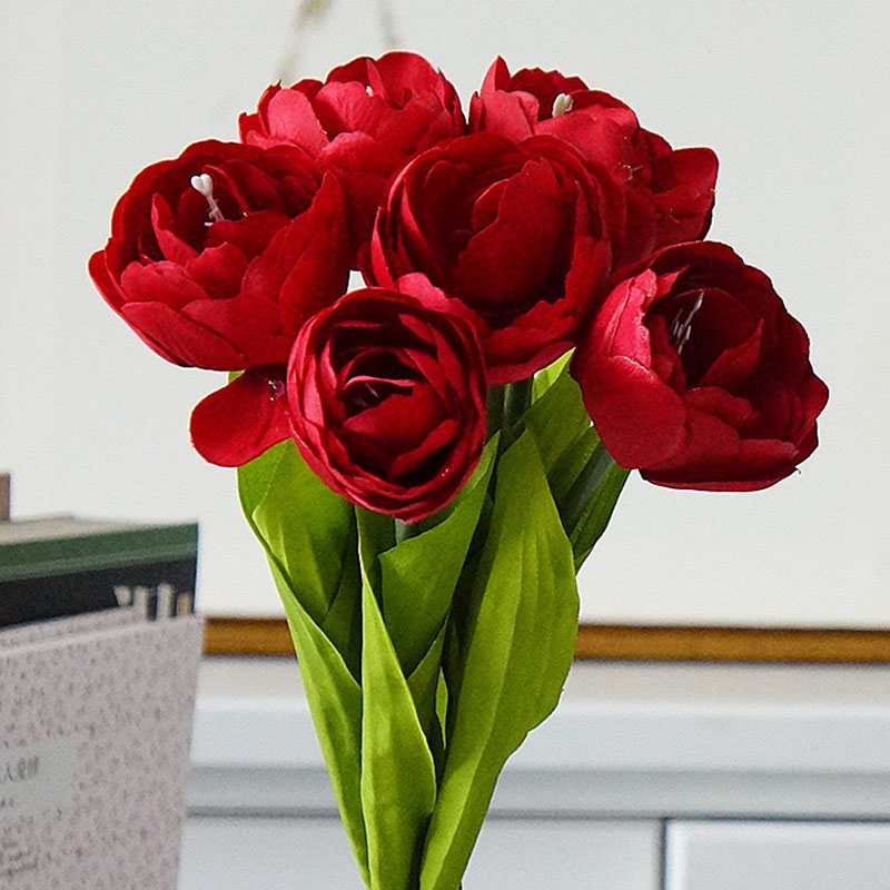 6 uds./ramo de flores de tulipanes artificiales franceses para de boda, decoración de jardín, tulipanes de seda con manos y flores falsas: Rojo